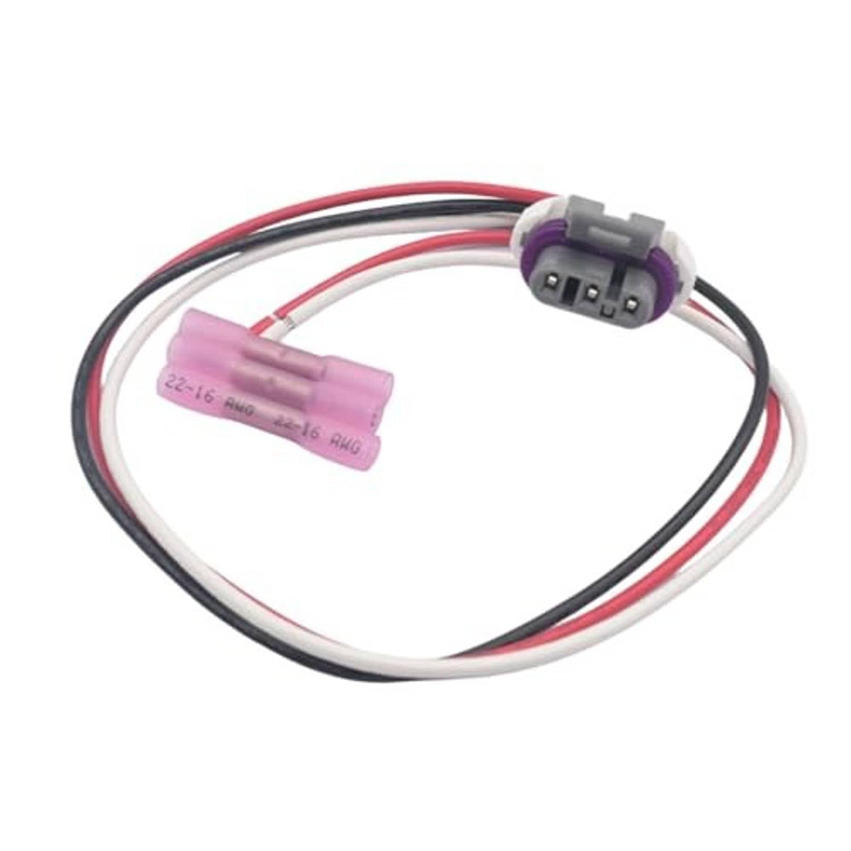 Sensor wiring harness with purple connector and bundled red, black, and white wires