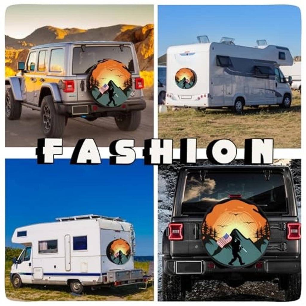 Spare tire cover with orange sunset design on RV and trailer rear doors