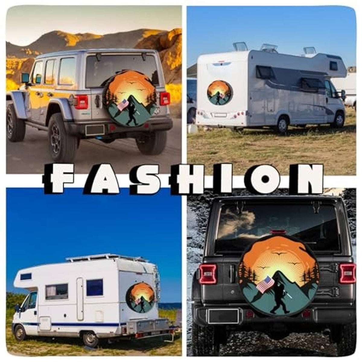 Spare tire cover with orange sunset design on RV and trailer rear doors