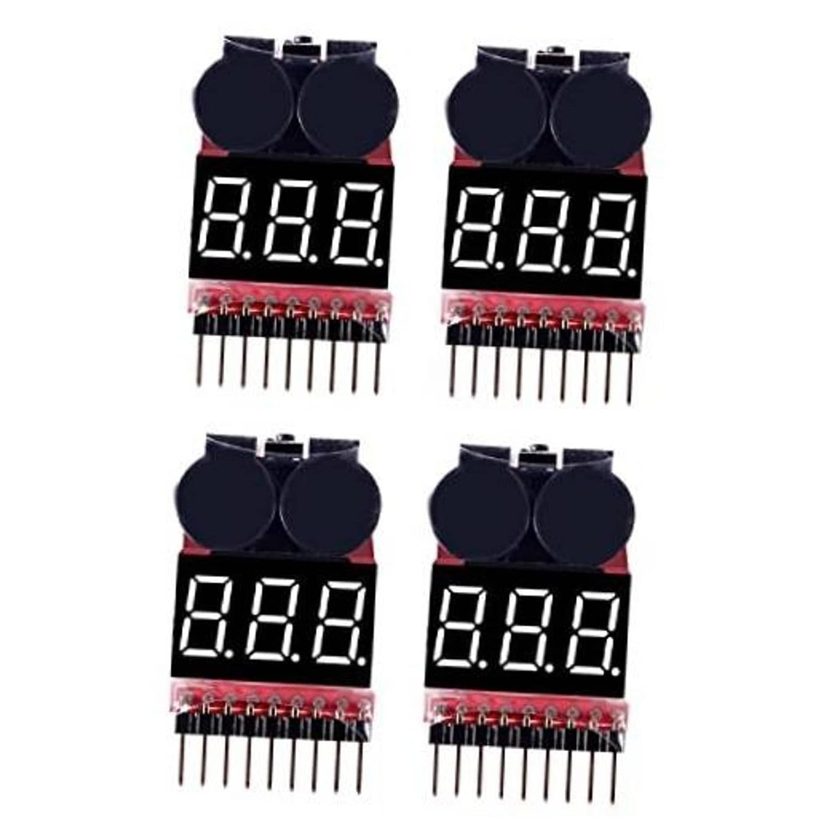 4-pack lipo battery voltage testers with LED numeric displays and pin headers