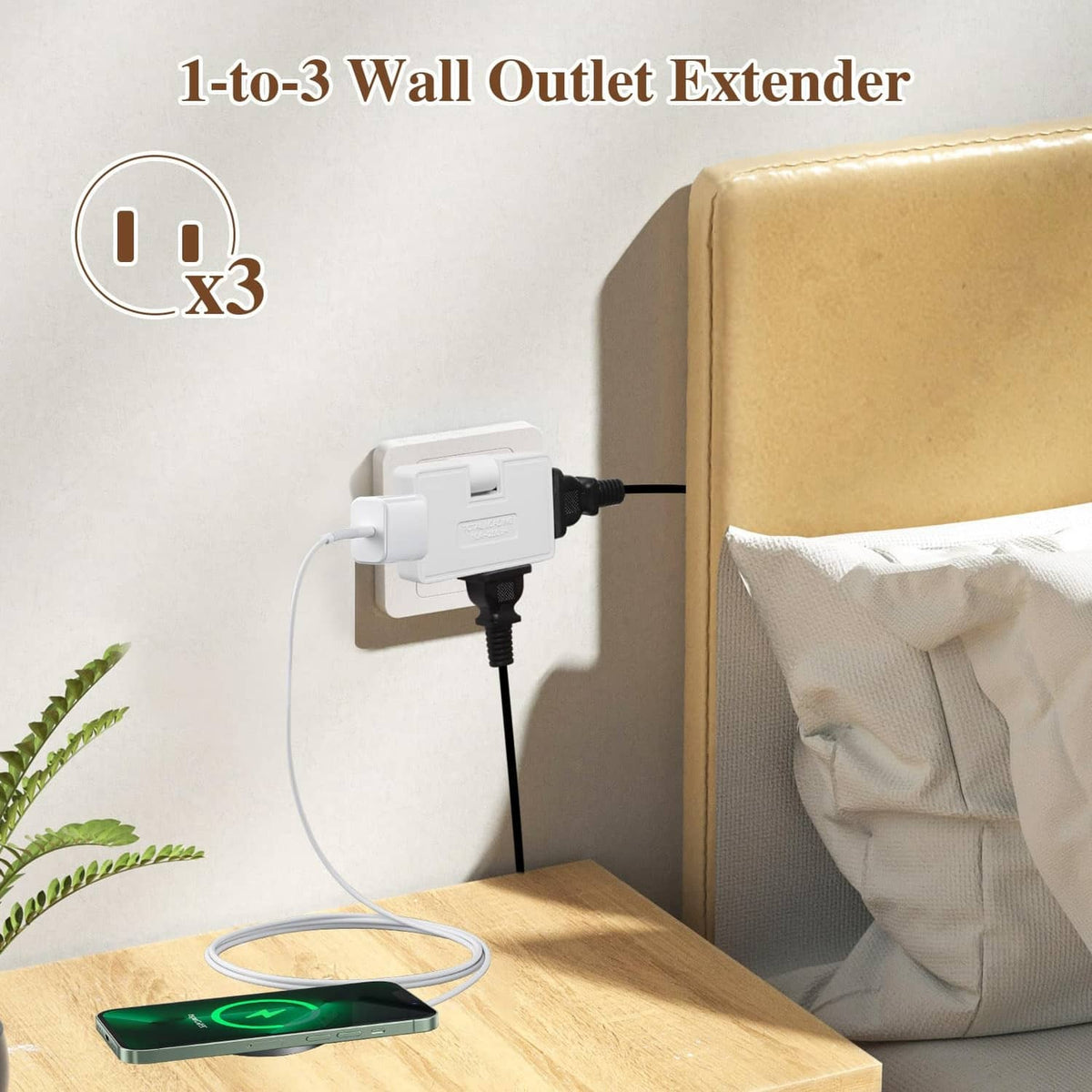 White 3-way flat wall outlet extender adapter with plug inserted, extending power