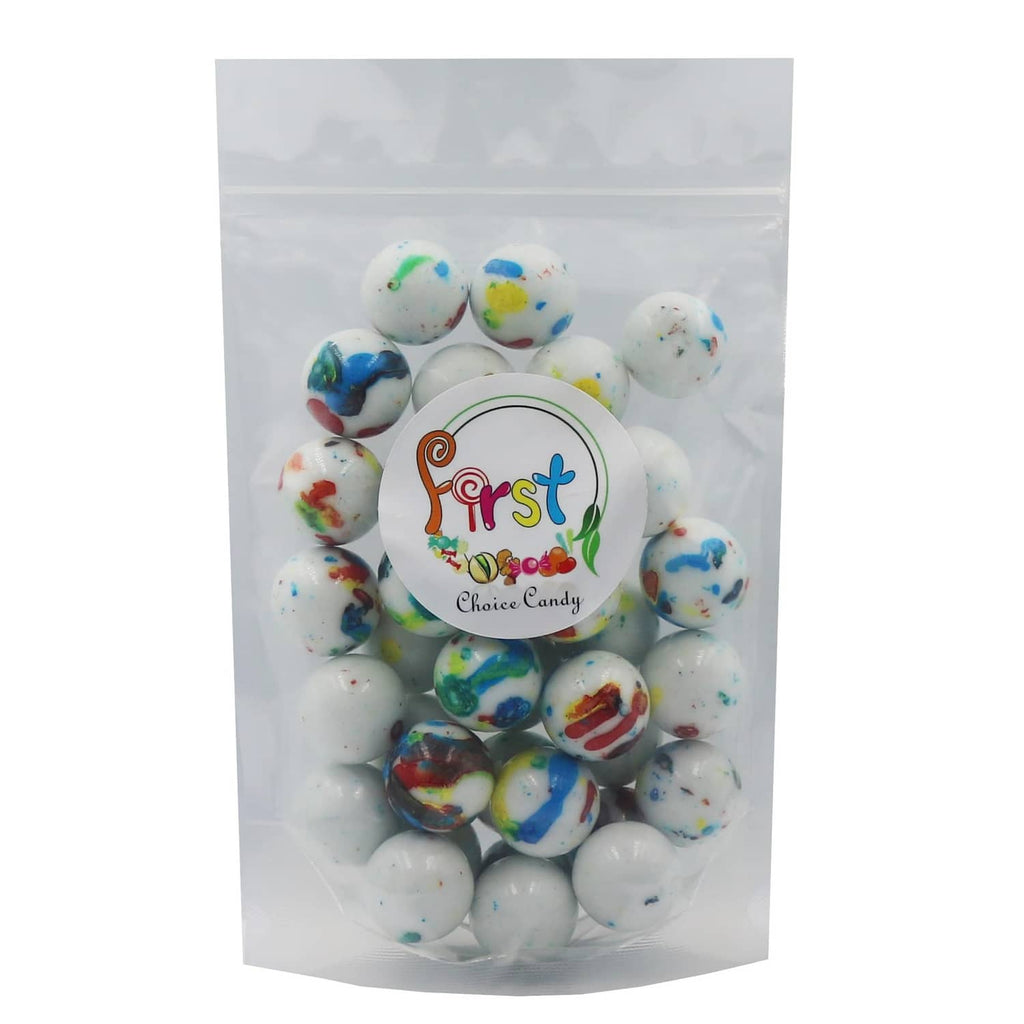 Bagged jawbreakers with Firstchoicecandy Choice Candy logo; white spheres with blue/green specks