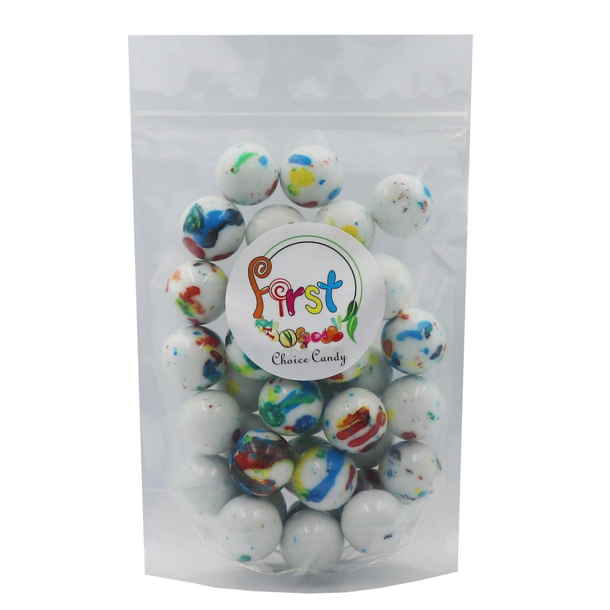 Bagged jawbreakers with Firstchoicecandy Choice Candy logo; white spheres with blue/green specks