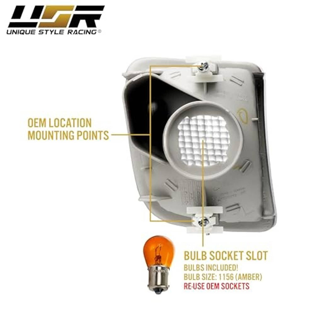 Turn signal lamp housing with mounting points and bulb socket slot