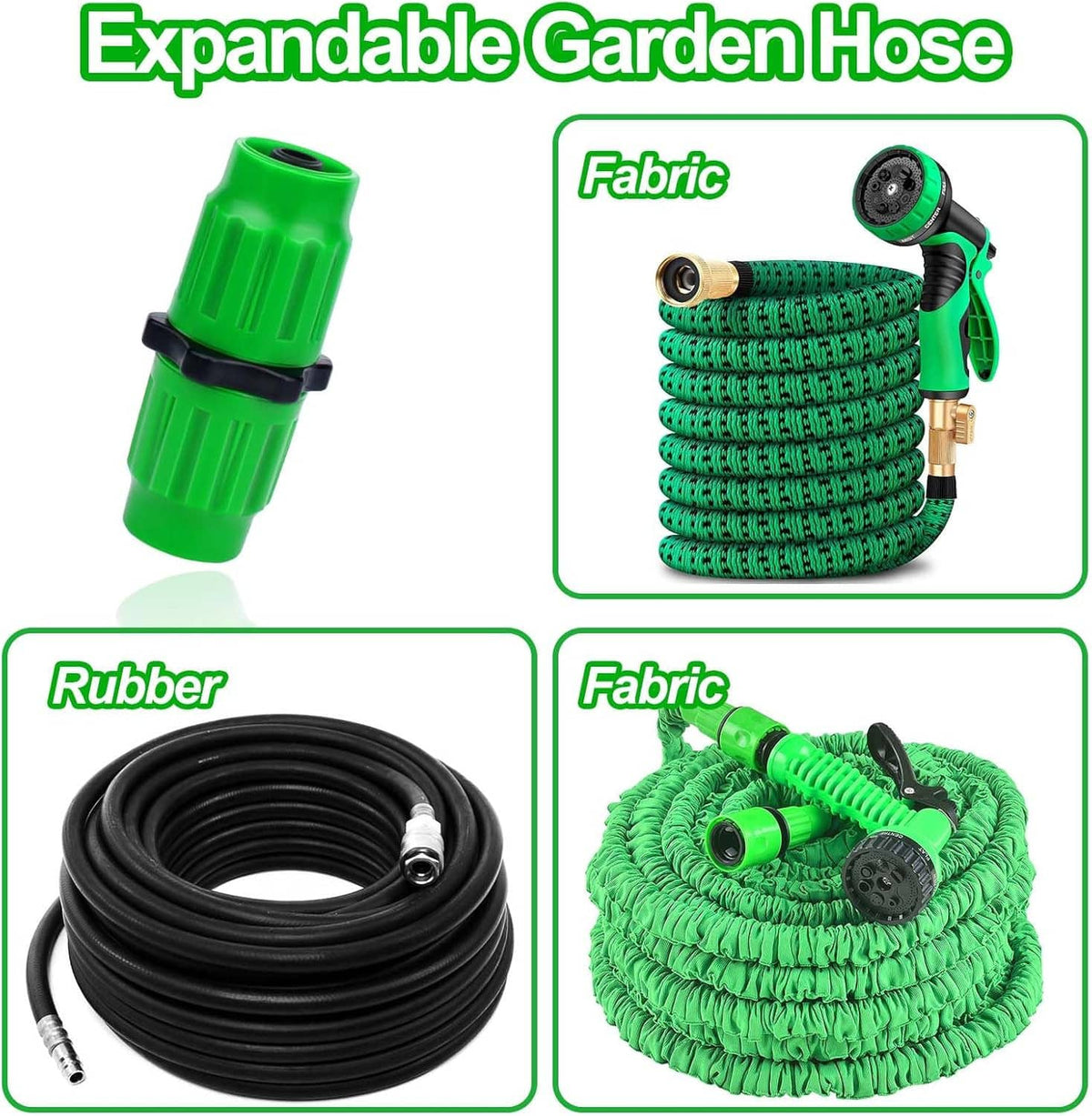 Expandable garden hose repair kit showing green connectors and matching coiled hose materials