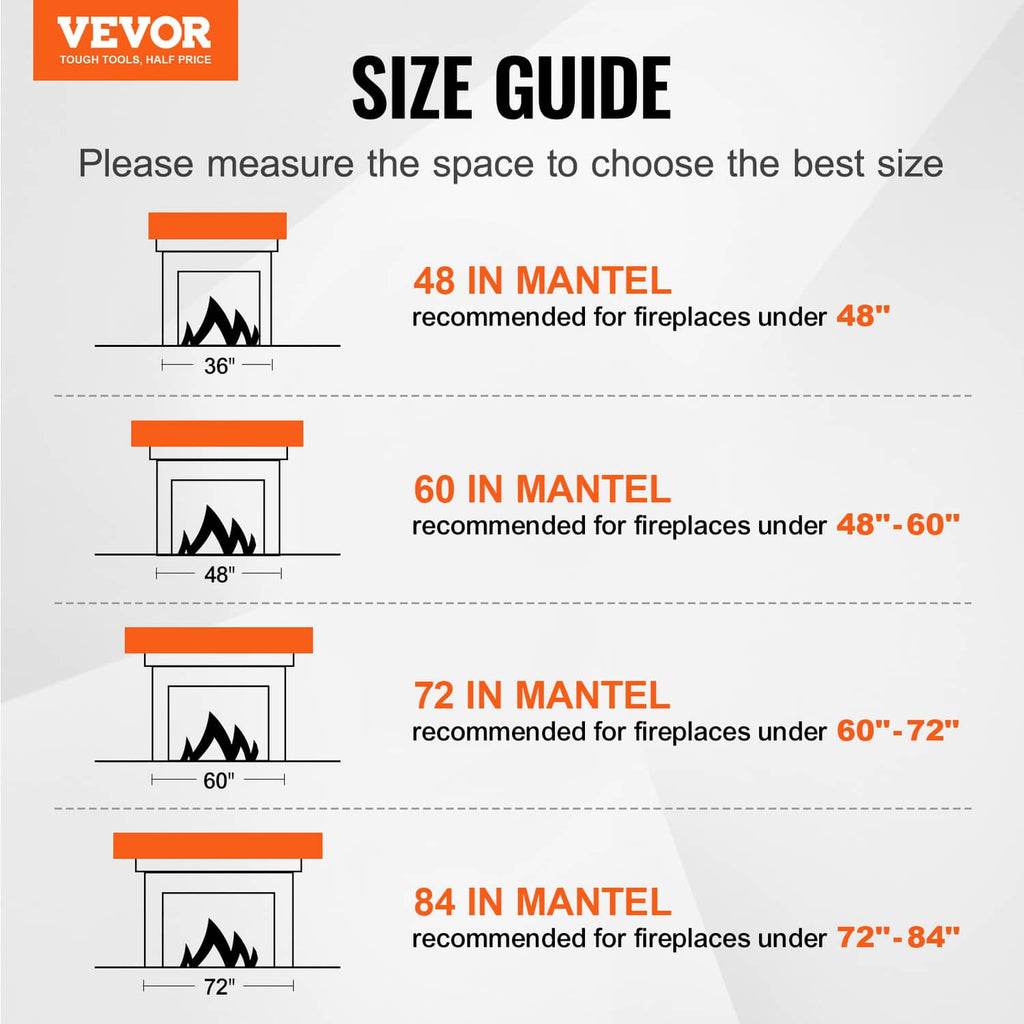 Mantel size guide graphic featuring dark brown wood shelf illustrations by width