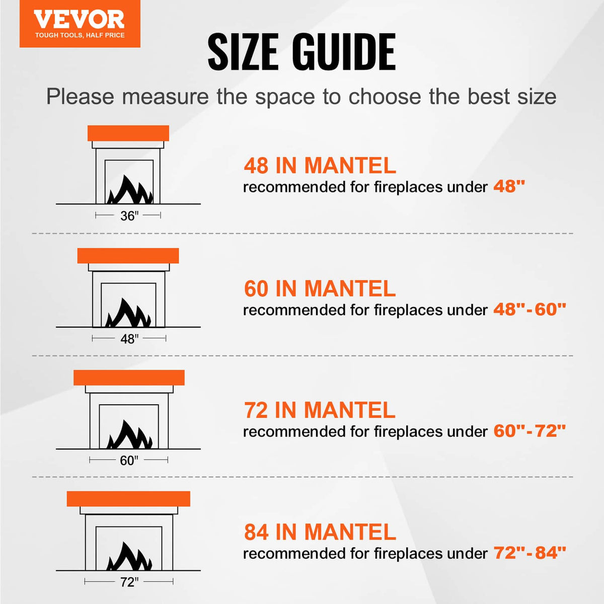 Mantel size guide graphic featuring dark brown wood shelf illustrations by width