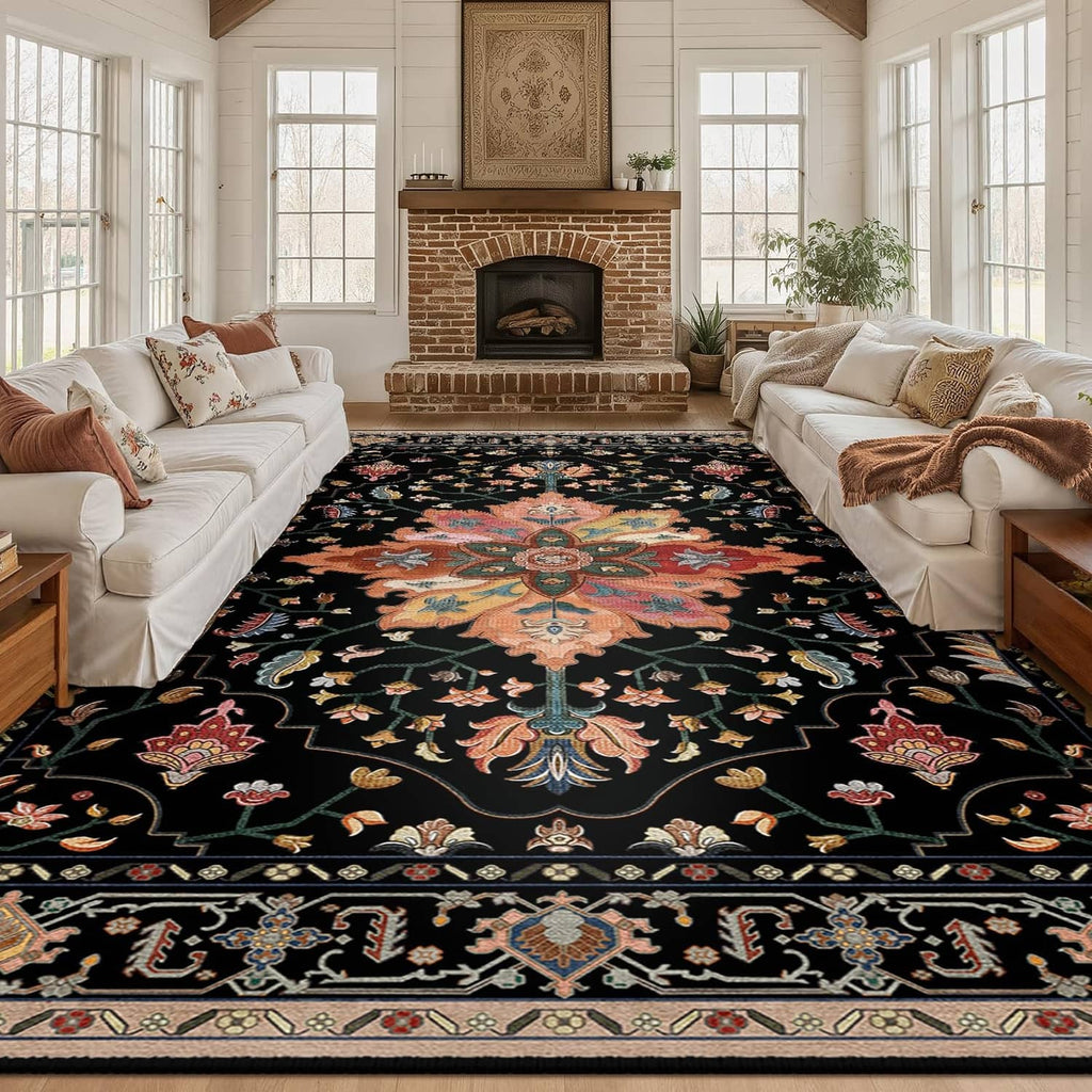 Large rectangular area rug in black with multicolor floral and ornamental medallion pattern
