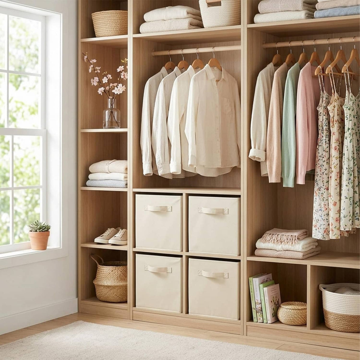 Beige fabric storage cubes with pull handles in wardrobe cubbies for clothes