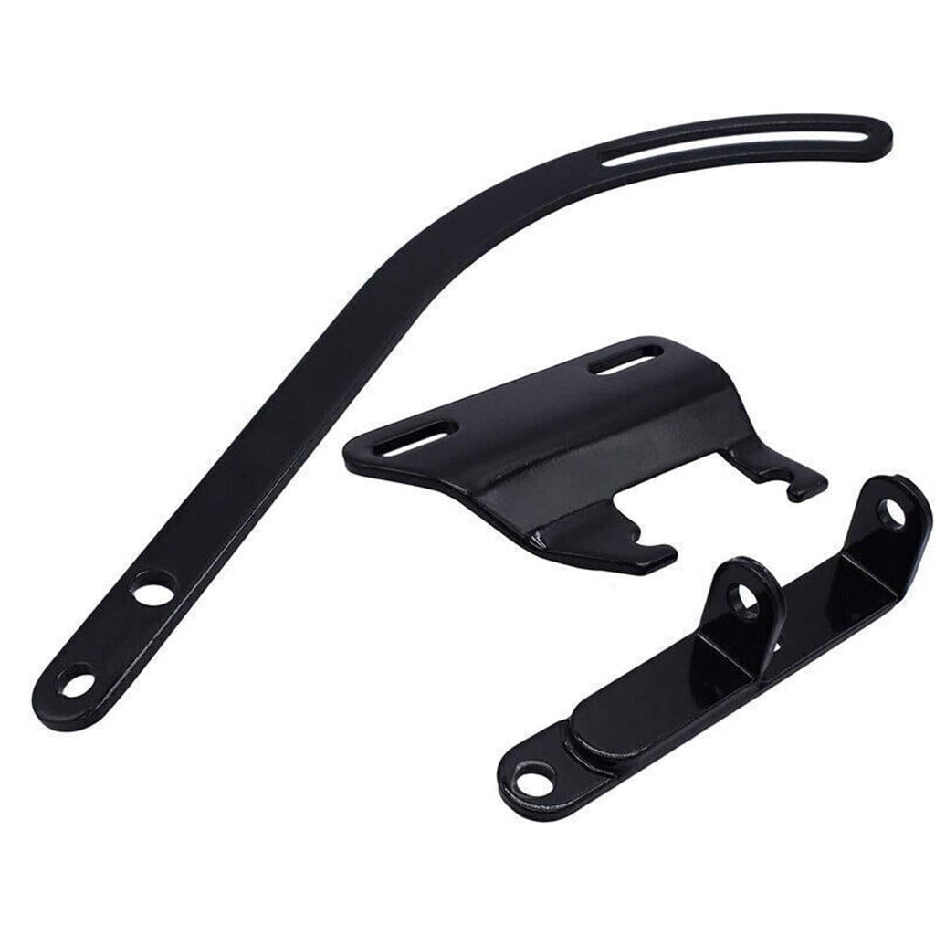 Black metal alternator/water pump bracket with curved strap and mounting holes