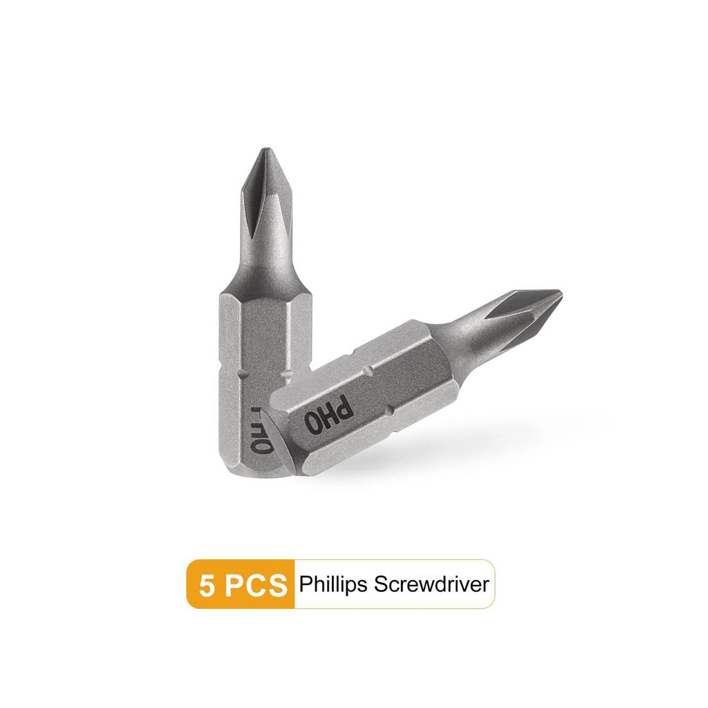 5-piece PH0 Phillips screwdriver bit set with pointed tips and hex shanks