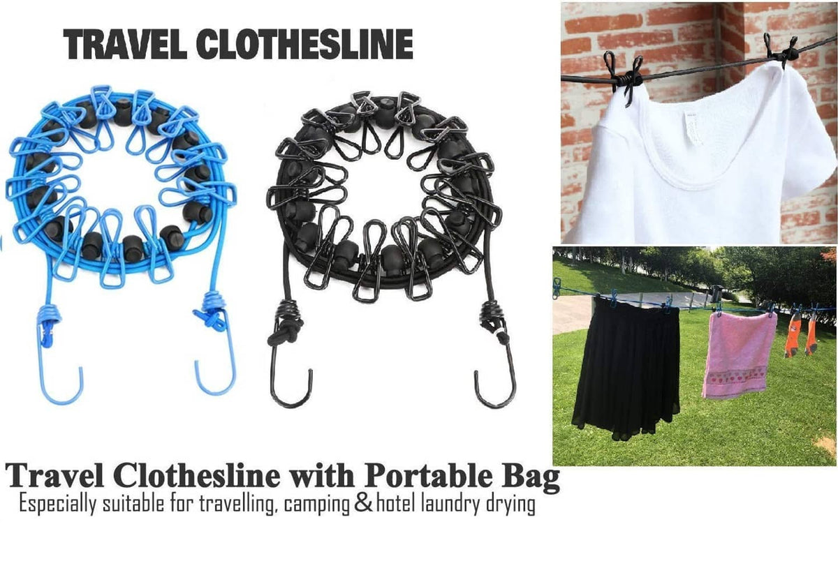 Travel portable clothesline with blue and black clips plus storage bag
