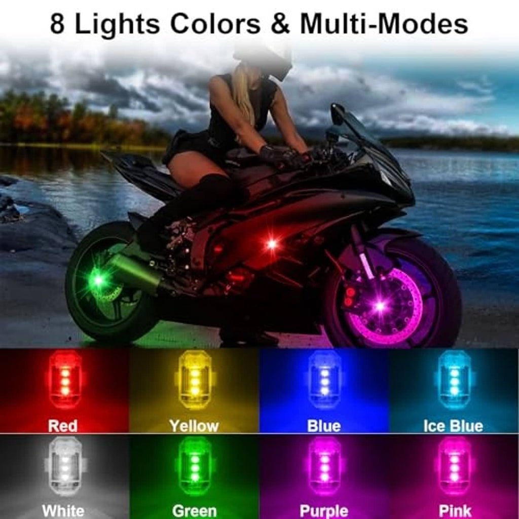 Motorcycle LED strobe lights with red, yellow, blue, green, purple, pink glow