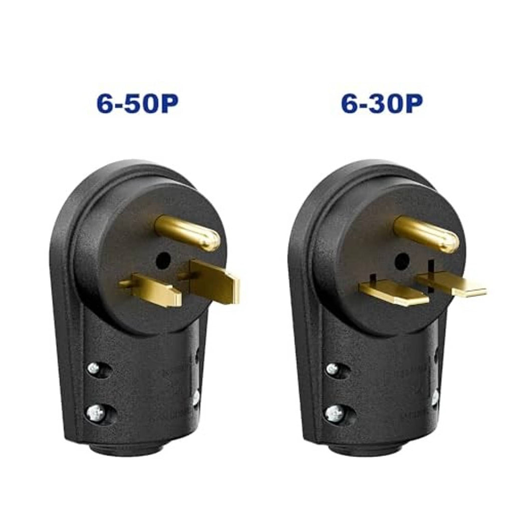 Two black NEMA welder plug variants with gold prongs and grounding contact openings