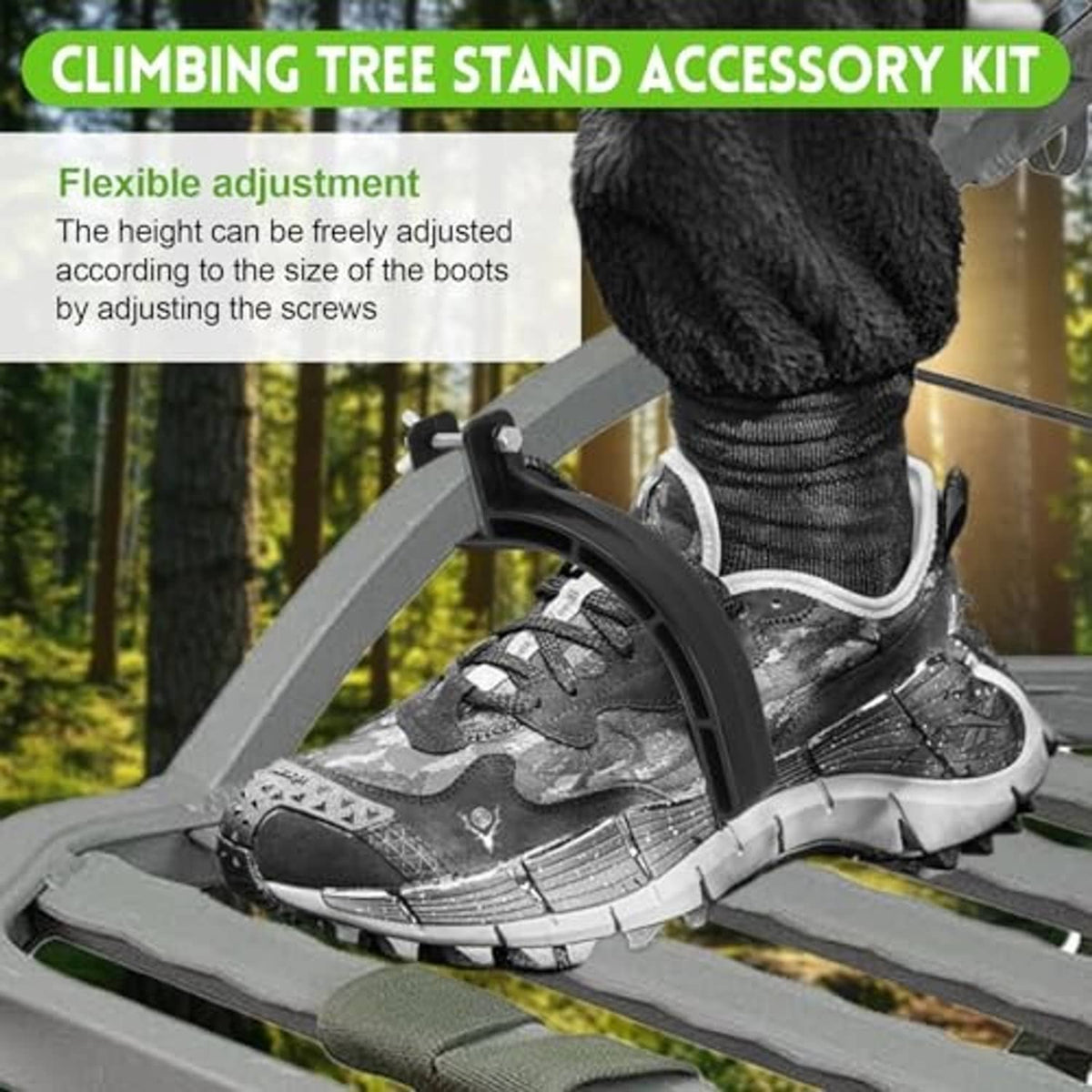 Climbing tree stand stirrup holding a boot with black elastic rope on gray platform
