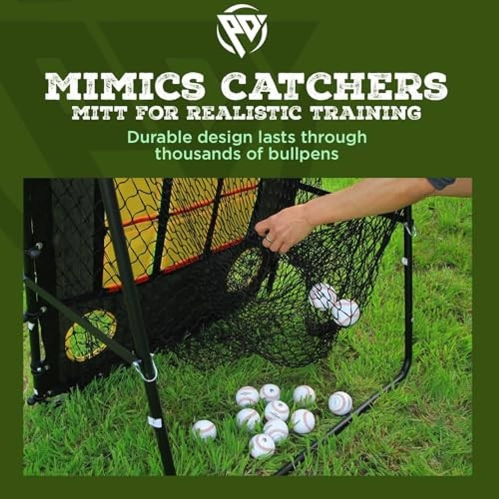 Baseball pitching net with side opening and practice balls near the frame