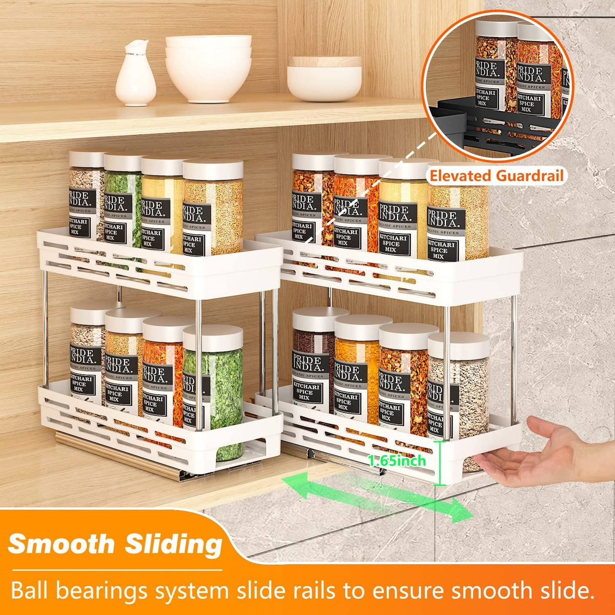 White pull-out spice rack organizer with elevated guardrails and smooth sliding tiers