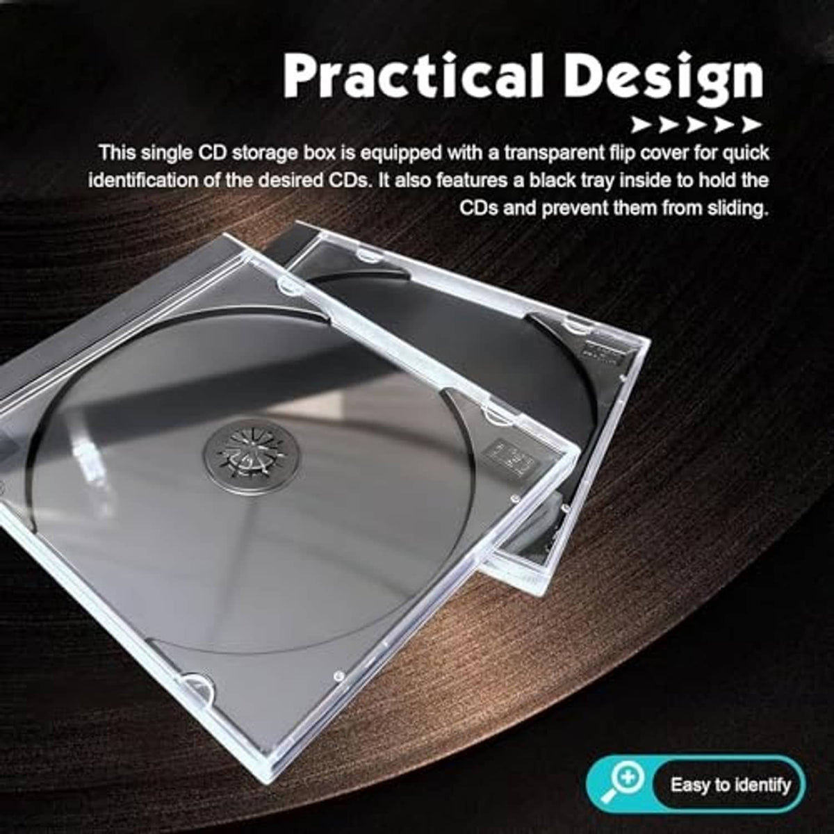 Transparent flip-top CD jewel case with clear cover and single-disc tray