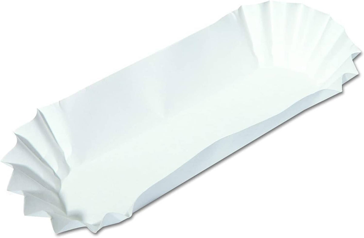 White fluted paper hot dog tray holder, folded open for serving