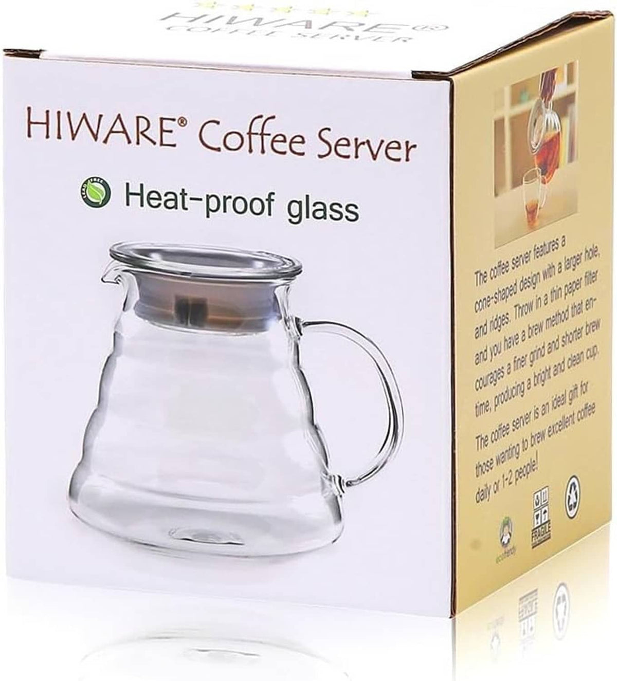 Coffee server retail box showing clear glass carafe with lid