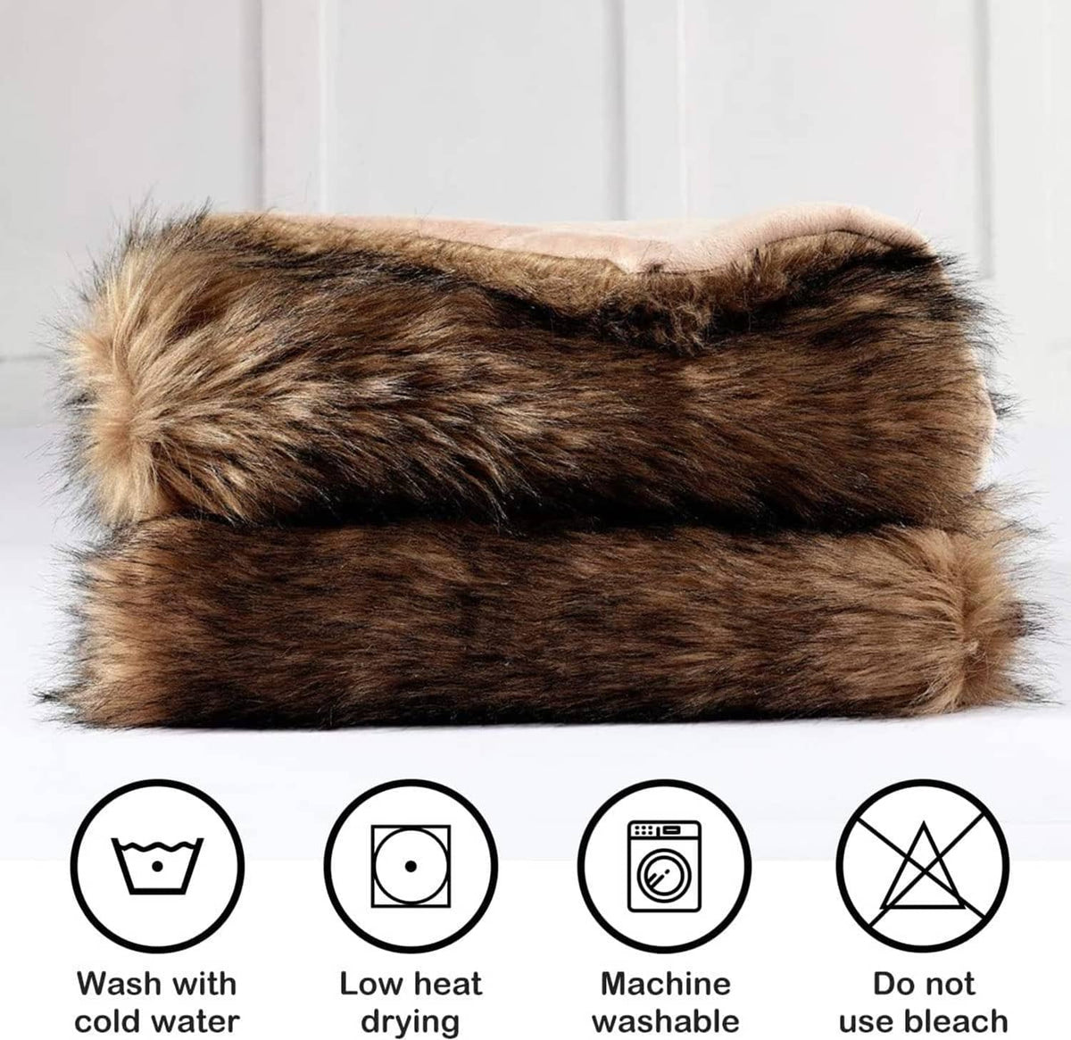 Folded long-pile faux fur blanket, brown with darker tips