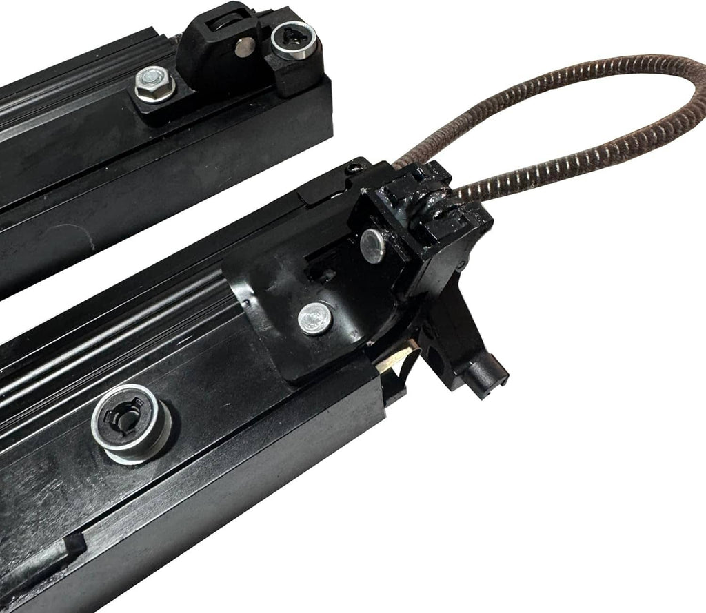 Sunroof track assembly detail with black bracket, metal fasteners, and cable connection