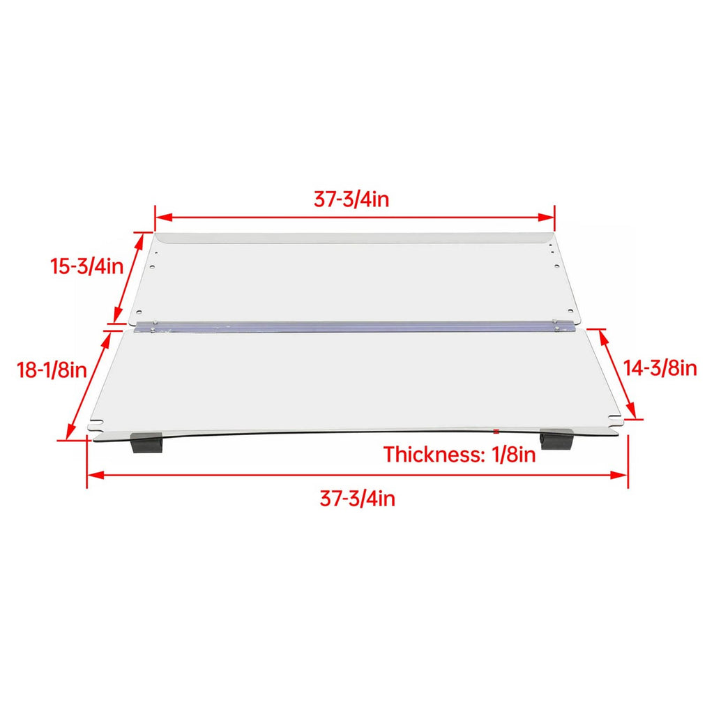 Clear windshield panel diagram with dimensions and 1/8 in thickness