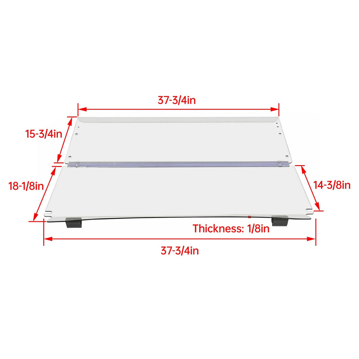 Clear windshield panel diagram with dimensions and 1/8 in thickness