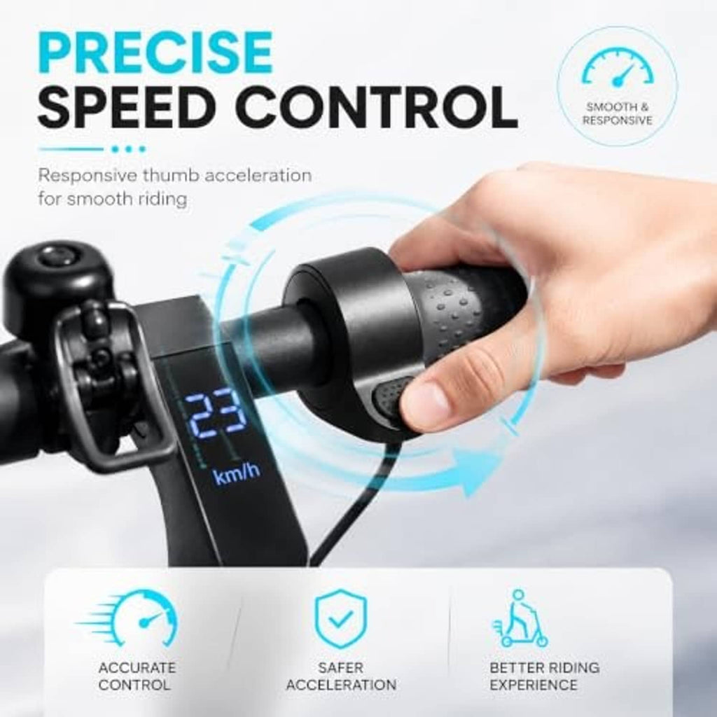 Thumb throttle replacement with hand control, responsive speed control for smooth riding