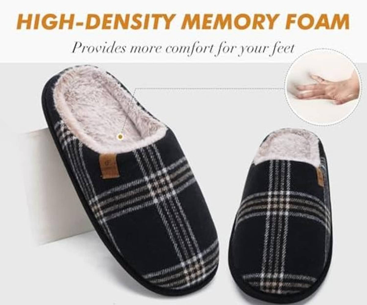 Pair of black plaid slip-on scuff slippers with plush lining and cushioned footbed