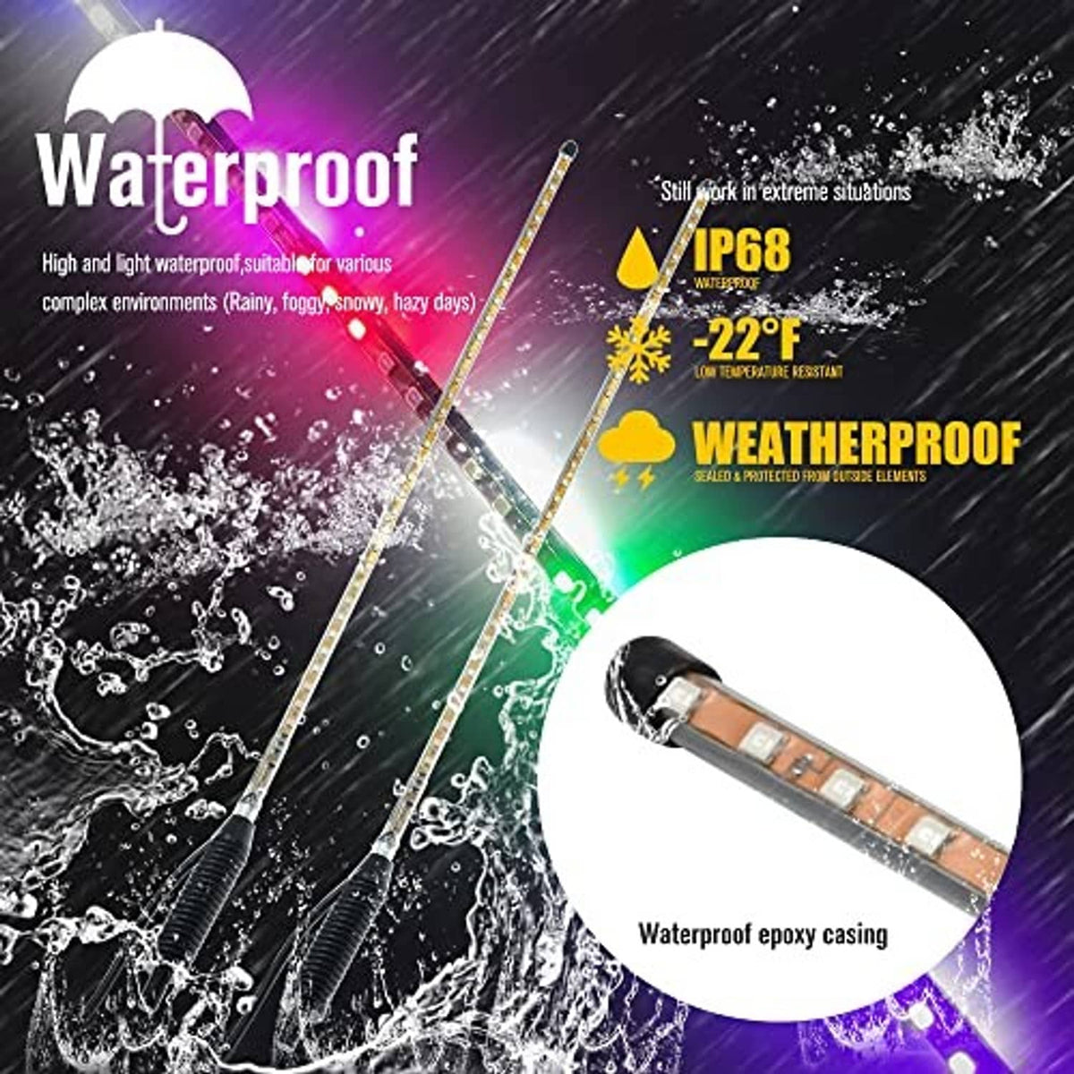 Waterproof LED whip light set with sealed epoxy lamp head casing