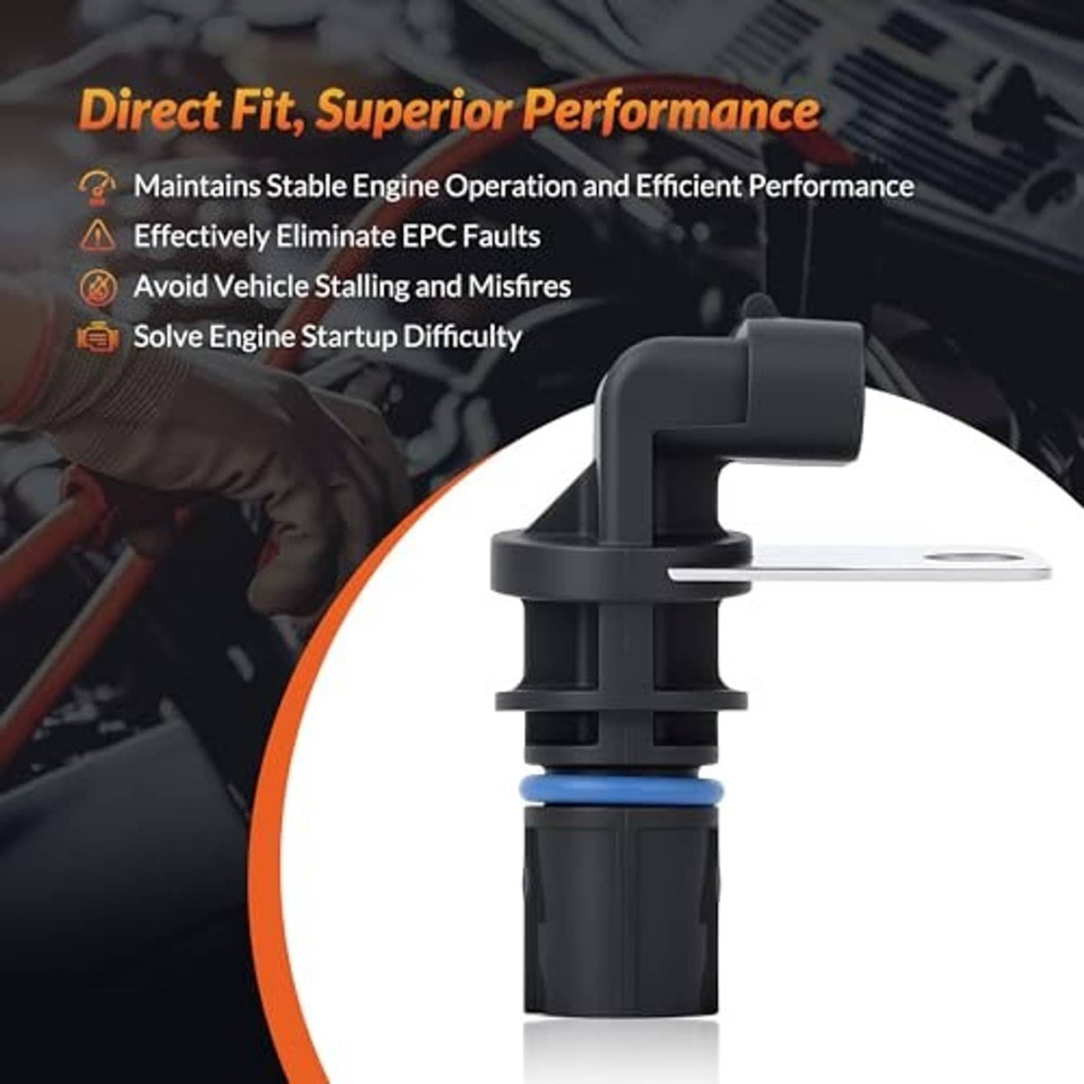 Crankshaft position sensor standing upright with metal tab and blue sealing ring