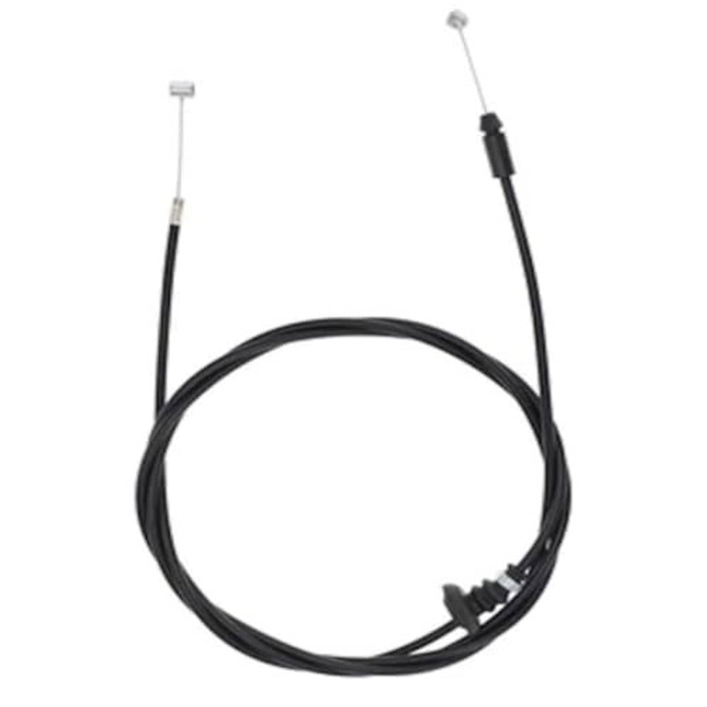 Black hood release cable assembly with white-tipped metal ends and plastic connector clips.