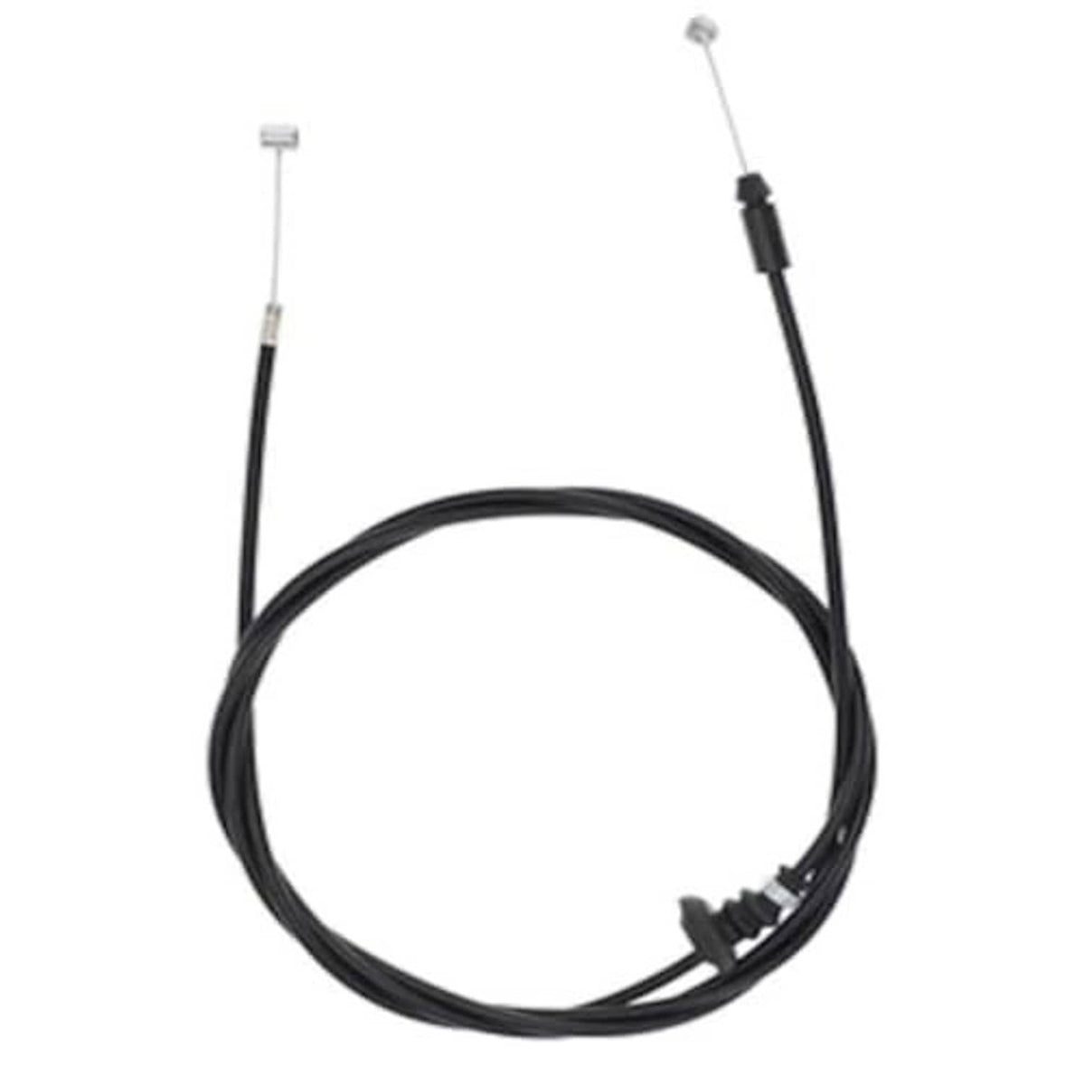 Black hood release cable assembly with white-tipped metal ends and plastic connector clips.