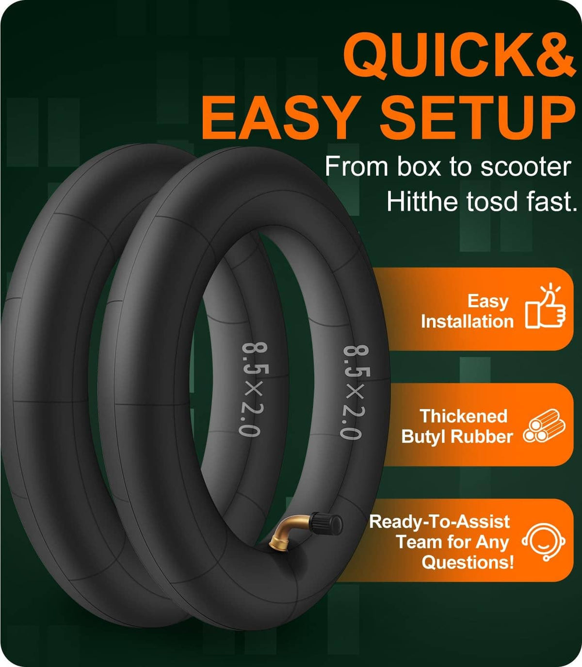Two black inner tubes with bent valves and printed tire-size numbers