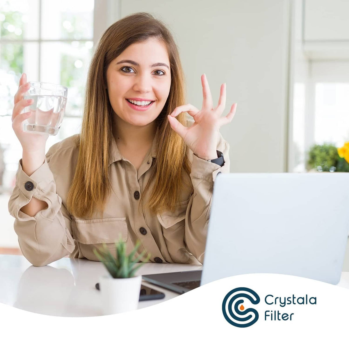 Lifestyle scene with Crystala Filter water pitcher glass and smile, replacement filter theme