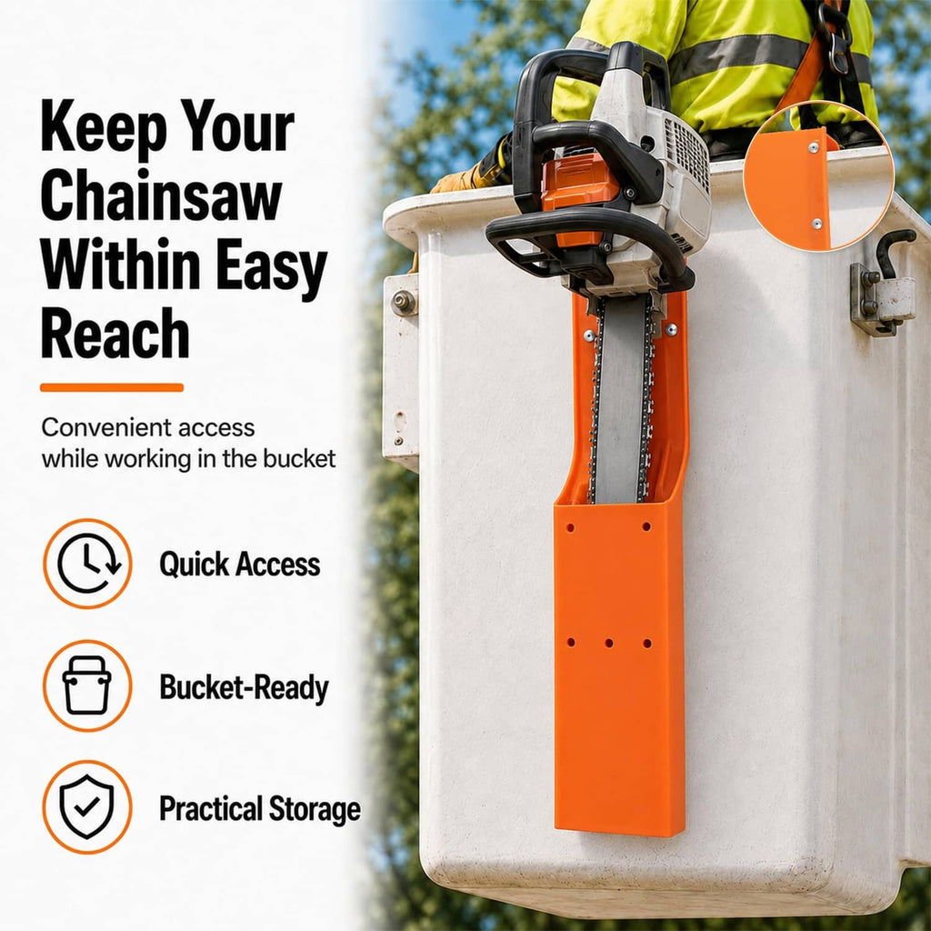 Orange chainsaw scabbard holding a chainsaw bar on a bucket mount