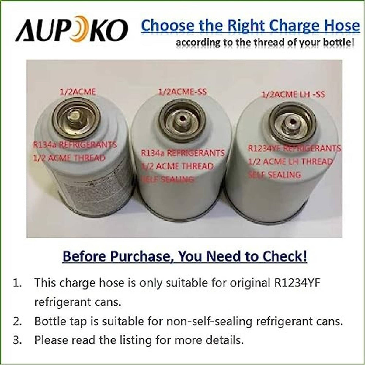 Refrigerant charge hose kit guidance tray showing compatible can thread types.