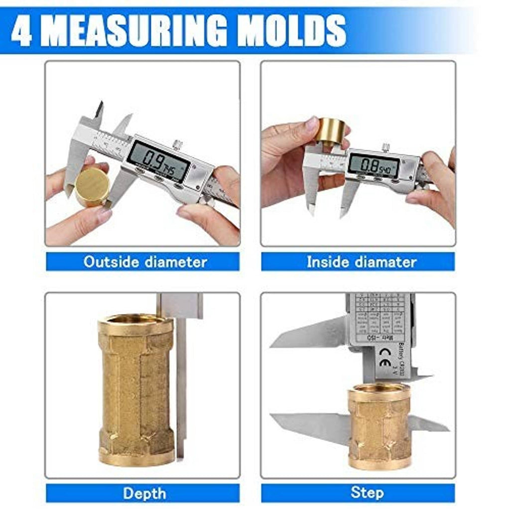 Digital caliper shown measuring outside diameter, inside diameter, depth, and step