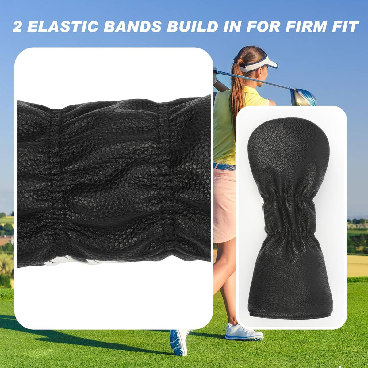 Black PU golf hybrid headcover with elastic bands and pebbled leather texture