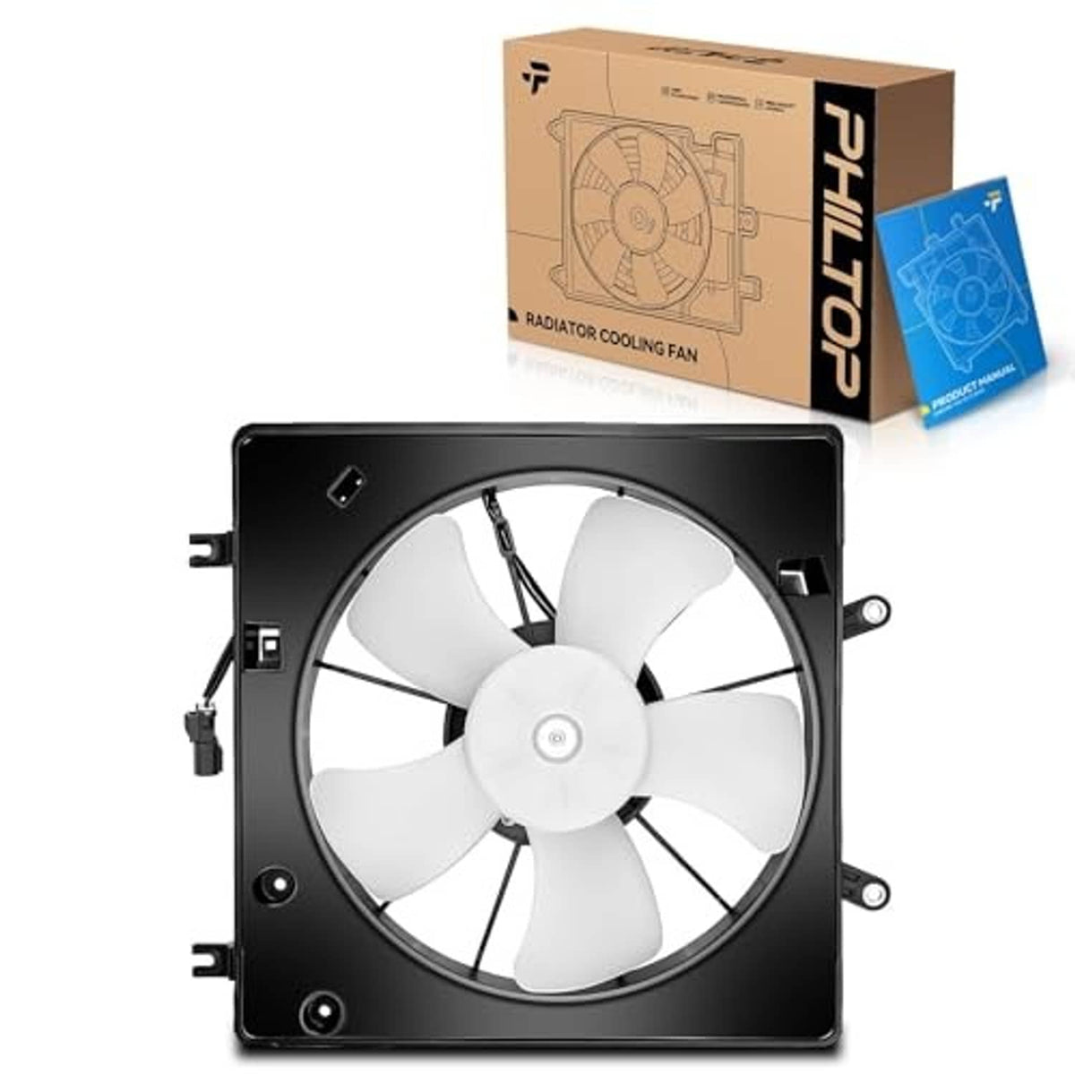 Radiator cooling fan assembly, front view, black housing with white 5-blade fan