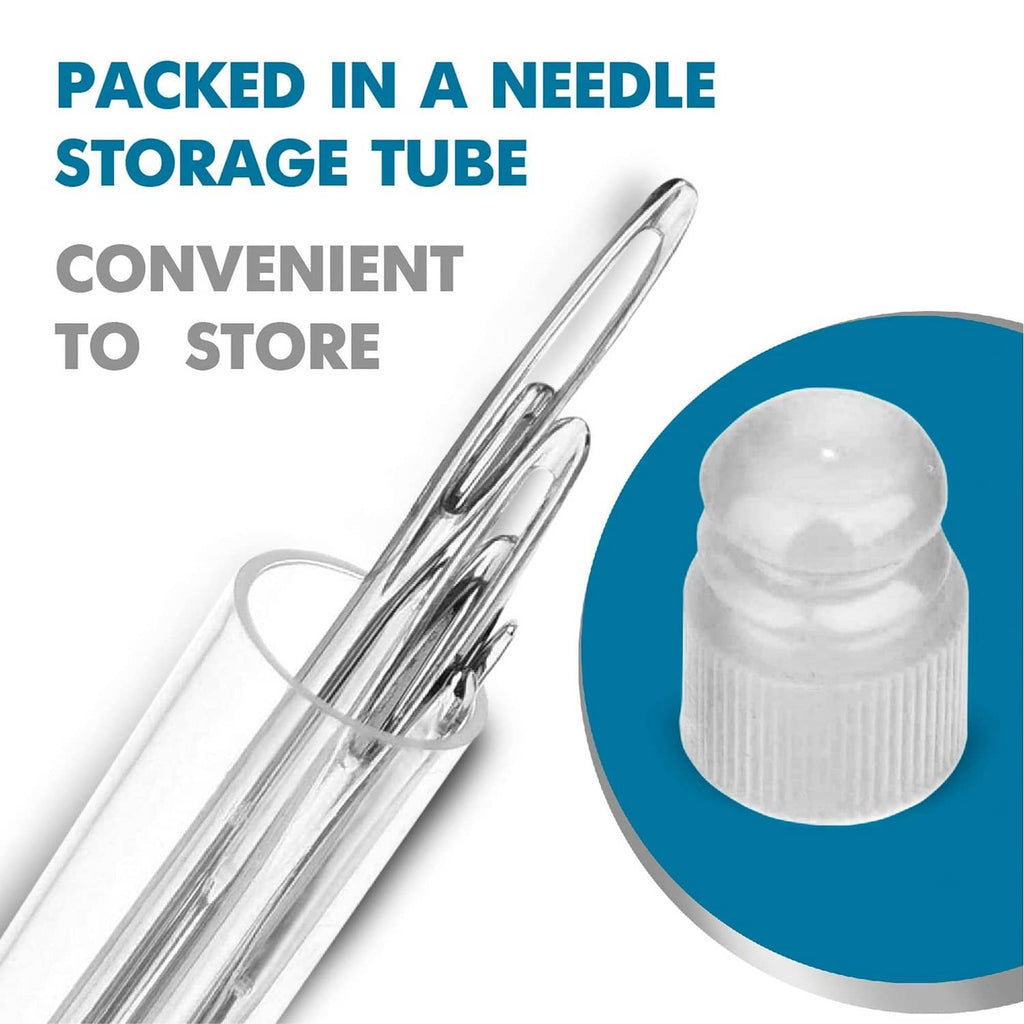 Needle storage tube holding several steel hand sewing needles, clear plastic sleeve