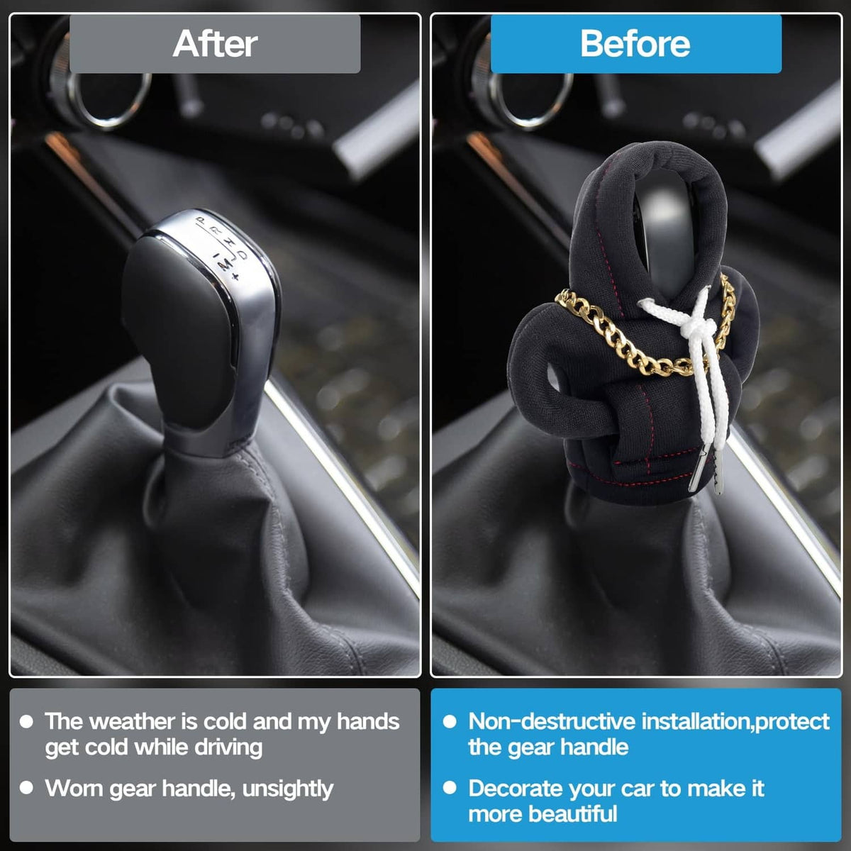 Black gear shift knob cover hoodie with gold chain and white lace ties, shown on shifter