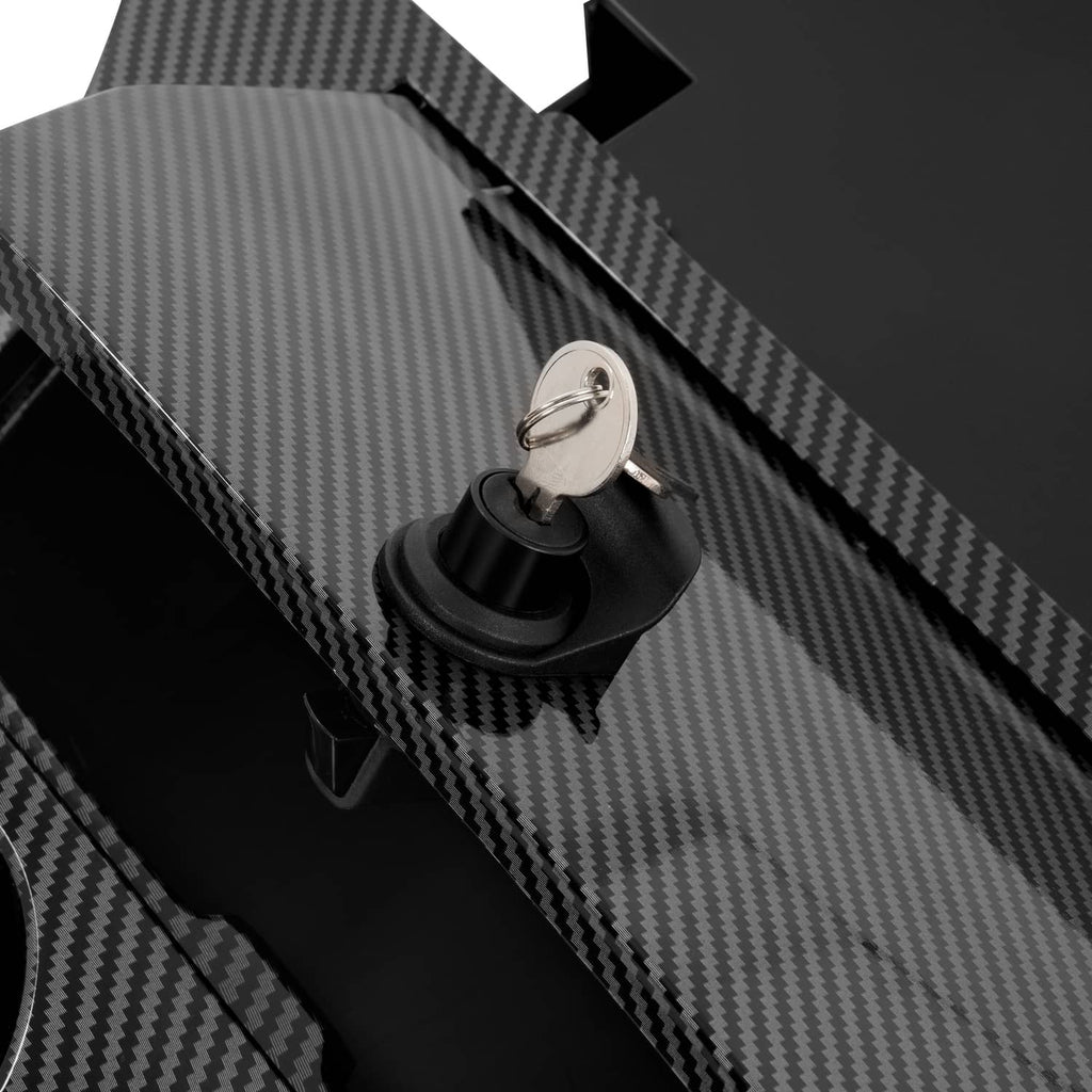 Carbon-fiber style dash compartment insert with lock cylinder and keys on black panel