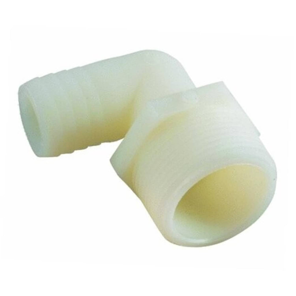 Pale nylon hose barb fitting with male pipe-threaded end, angled view
