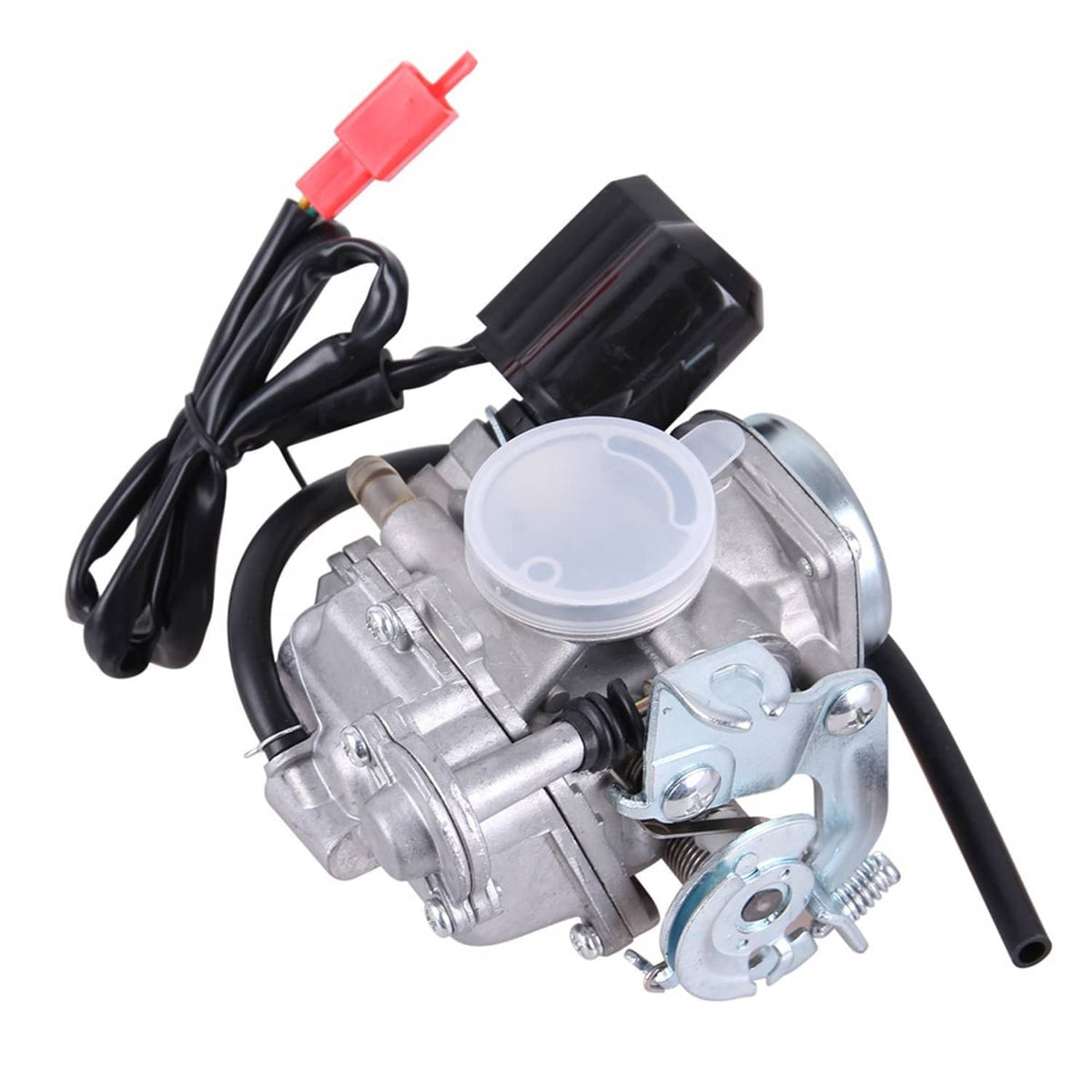 Carburetor assembly with translucent diaphragm cover, black module, and red electrical connector