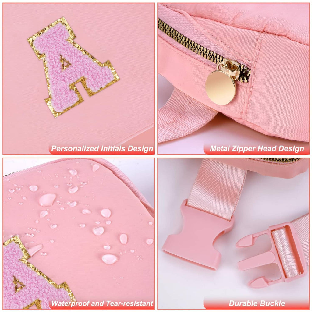 Peach personalized crossbody pouch bag with glitter letter A and metal zipper pull