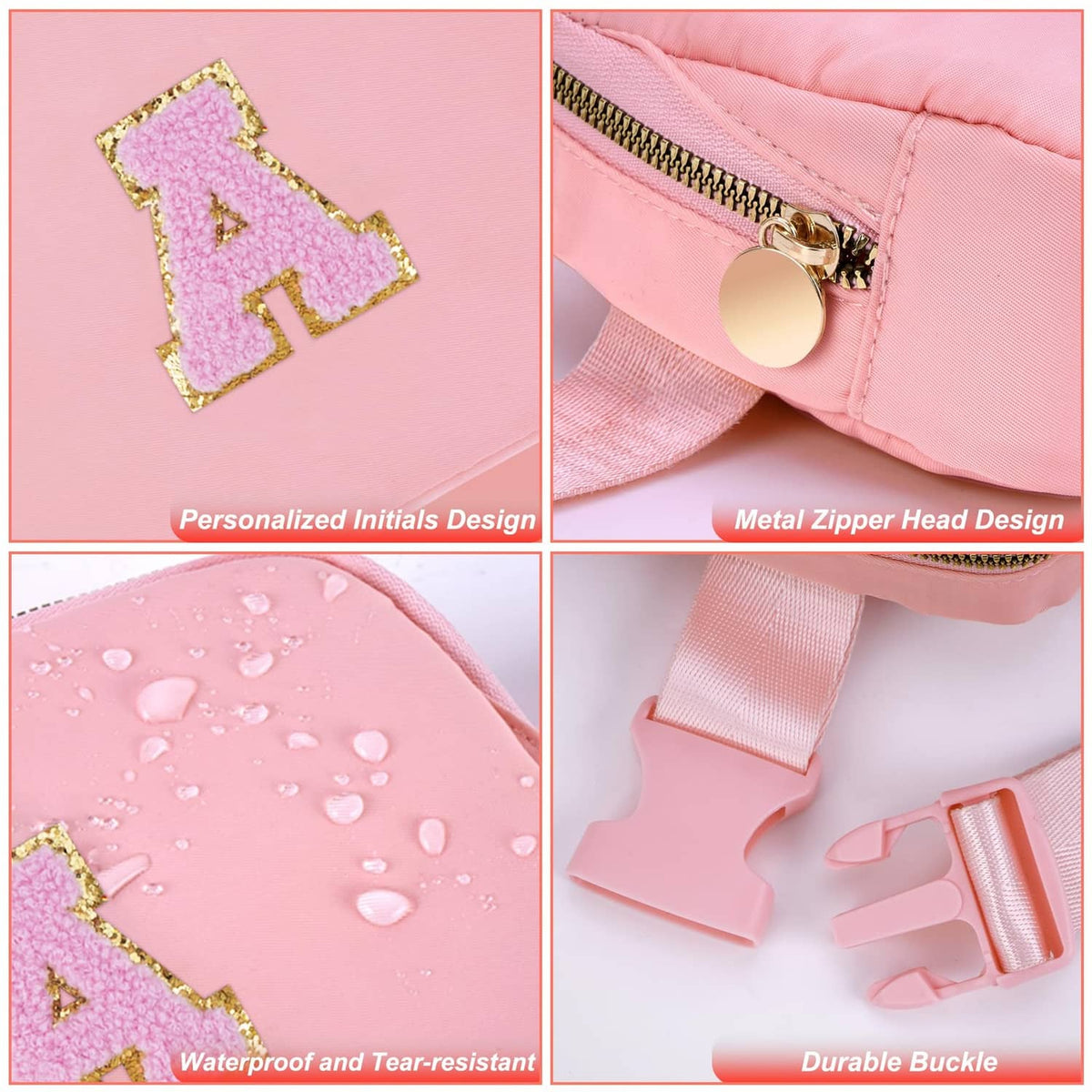 Peach personalized crossbody pouch bag with glitter letter A and metal zipper pull