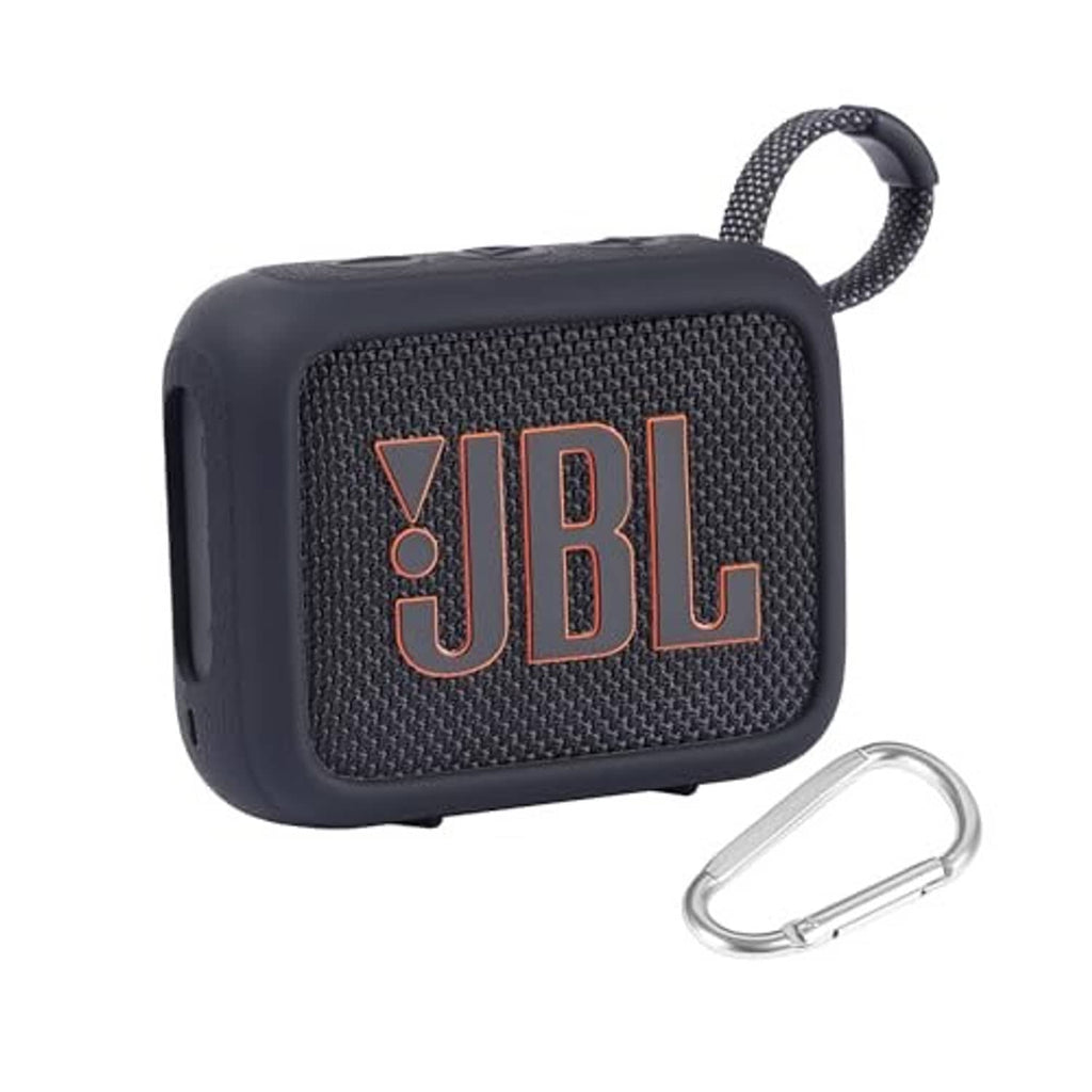 Black silicone speaker case with textured JBL logo panel and hanging loop