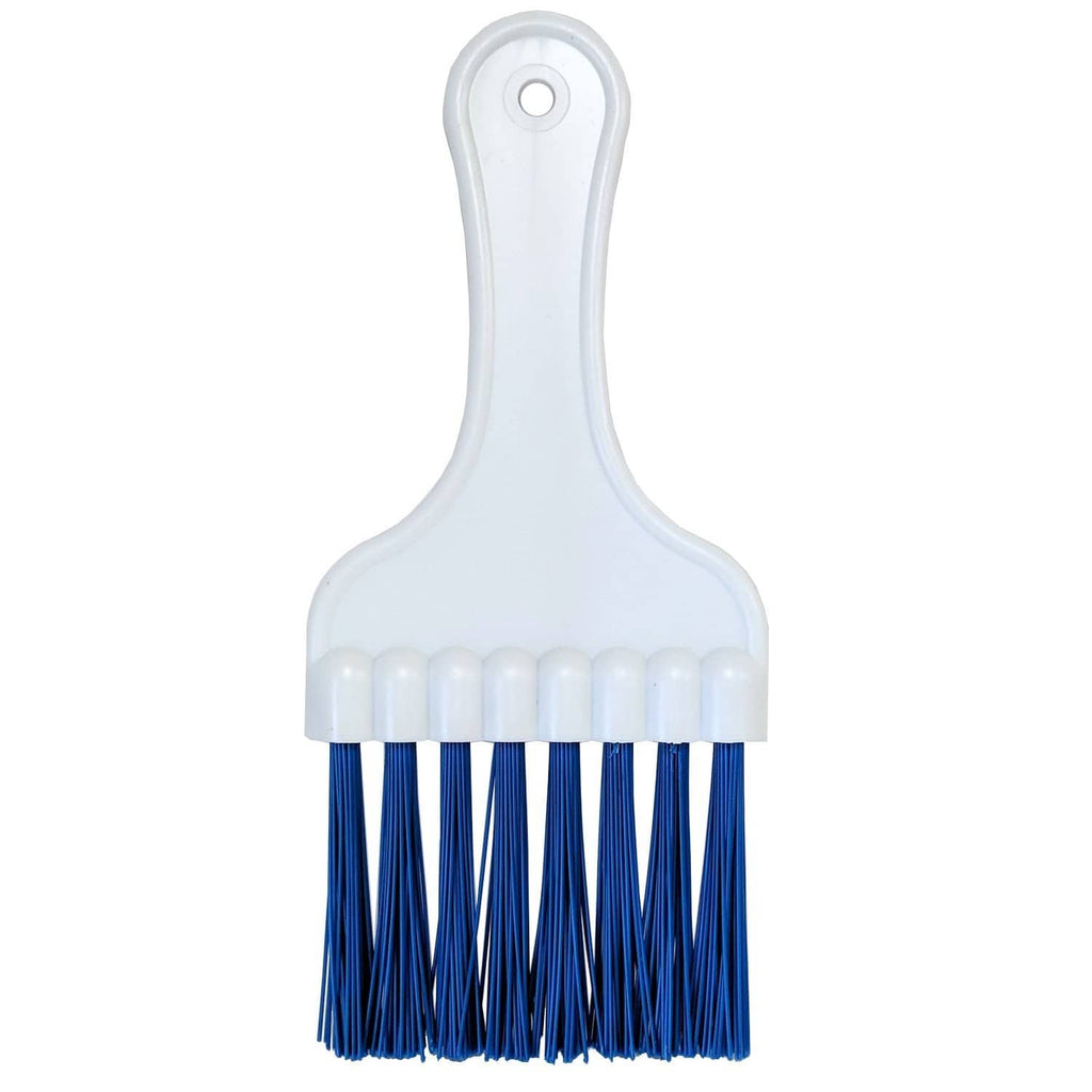 Air conditioner coil cleaning brush with white handle and blue stiff bristles